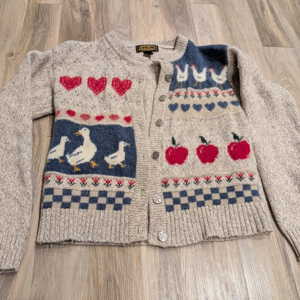 Eddie Bauer Beige Cardigan with Red and Blue Patterns